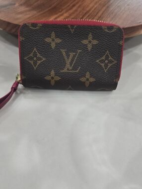Louis Vuitton Monogram Zip Around Card Wallet in Brown with Red Trim